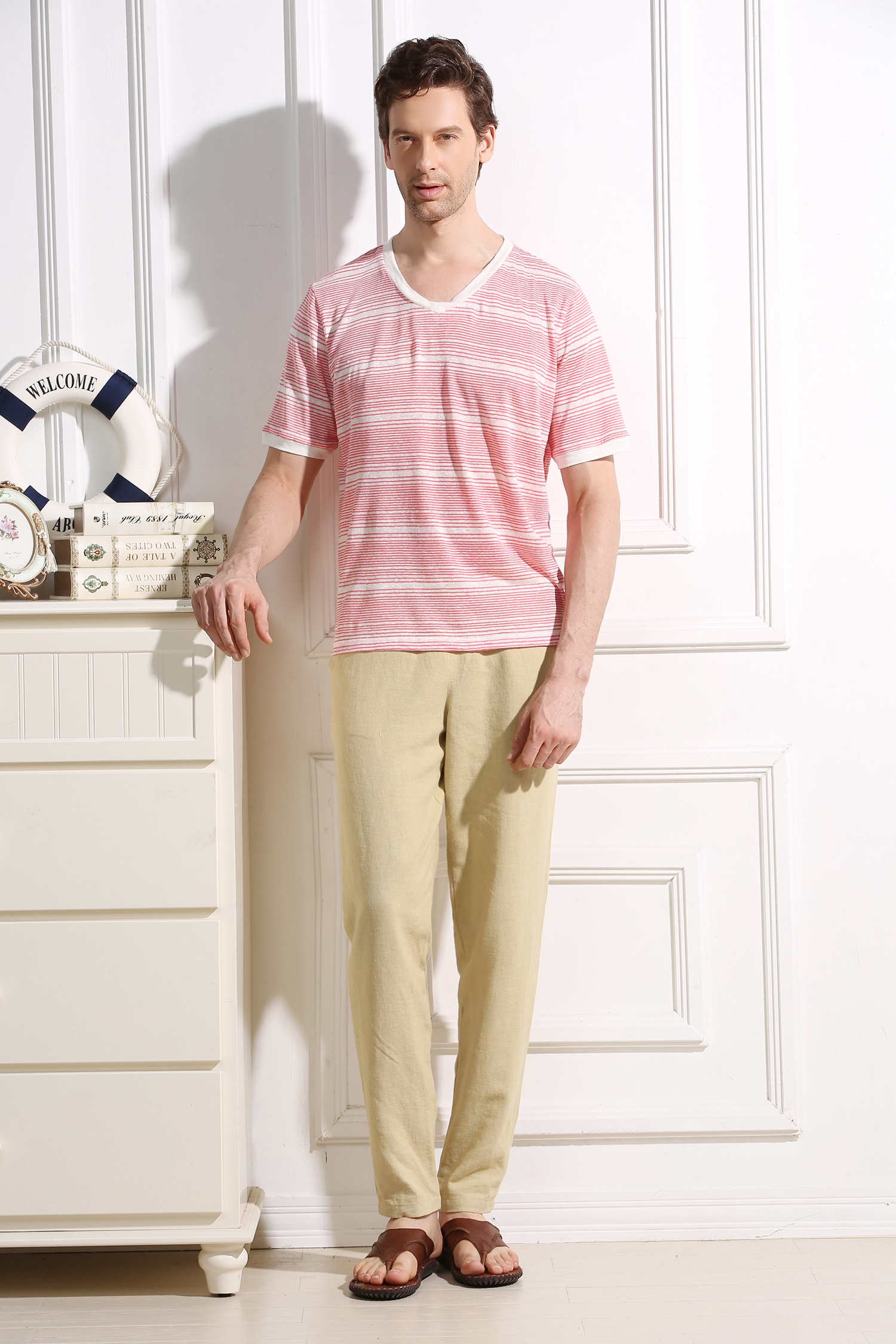 Casual Style Hemp Cotton Clothing Stripped T Shirt Autumn Spring Fitted