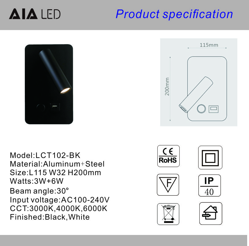 Dimmable switch bedside wall lamp bracket light hotel bedroom headboard reading lamps bed wall lamp