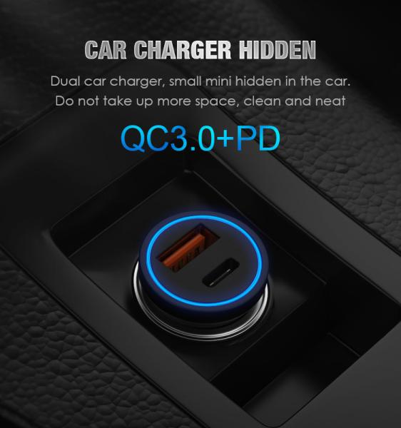 QC3.0+PD black smart car charger, fast charge LED light display Zinc alloy
