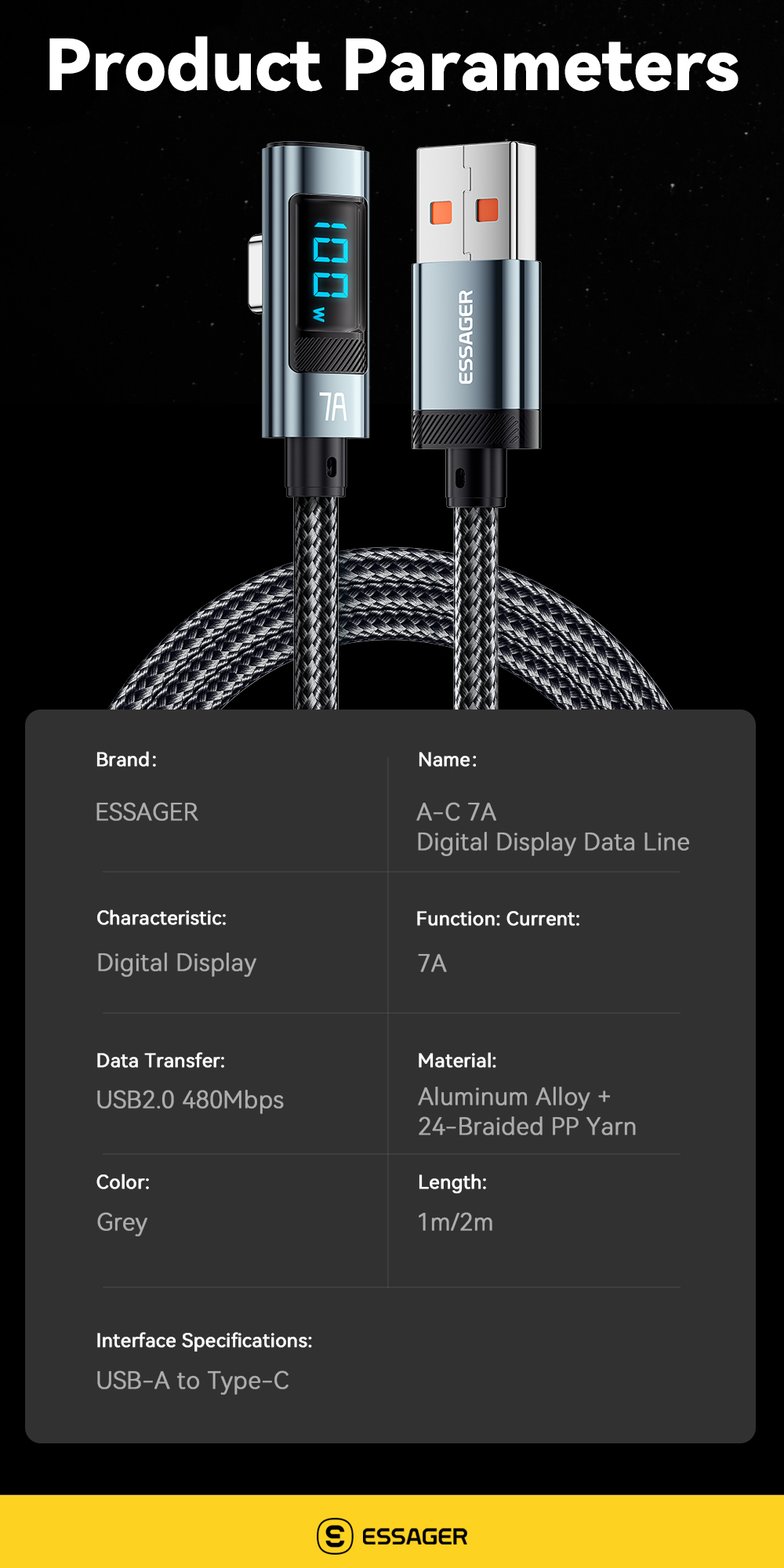 ESSAGER ES-X47 Series 100W A-C 1m Short 2m Long USB C Cable