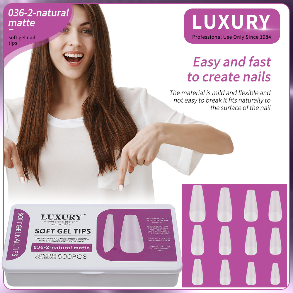 500pcs/Box Medium Coffin Nail Tips Natural Matte Full Cover Acrylic Pre-Shaped Nail Tips 11 Sizes