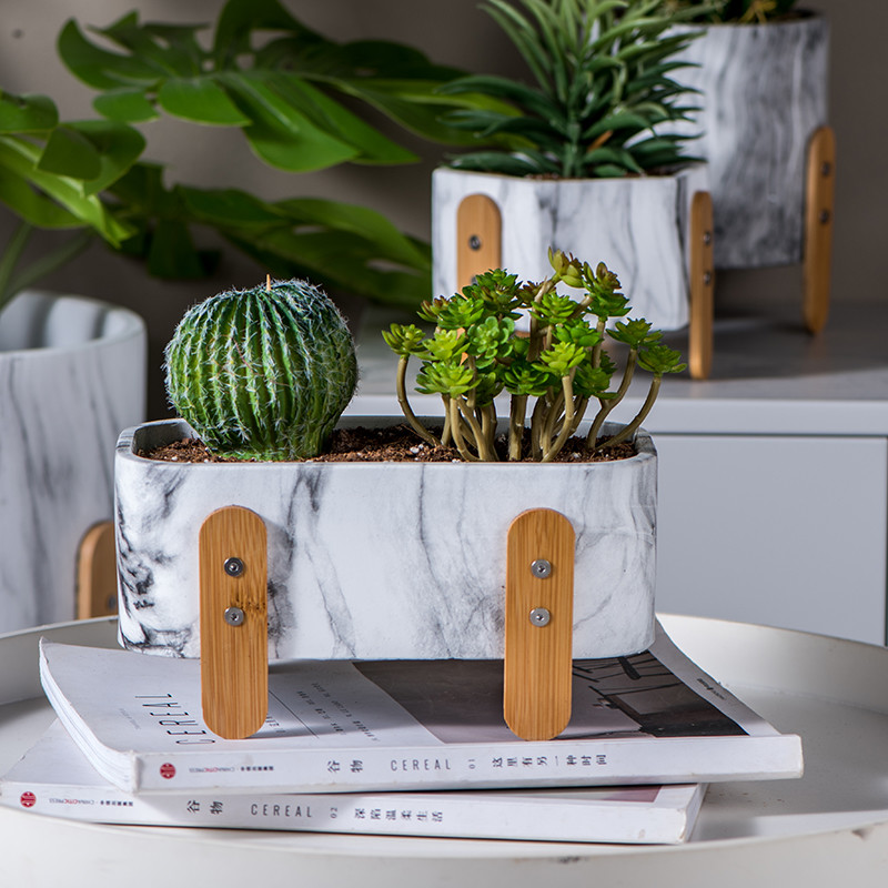 Marbling Texture Cement Plant Pots Round Flower Pots Succulents Pot Planters with Bamboo Foot Mini Pots