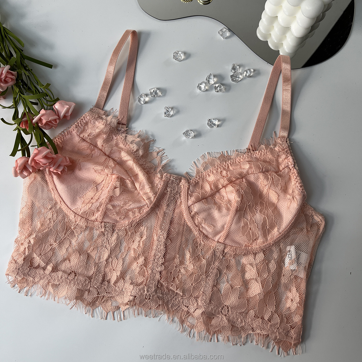 Sexy women lace up top floral embroidered fabrics bra top fitness for ladies