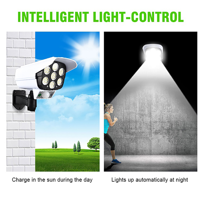 Outdoor Solar Light Motion Sensor Security Dummy Camera Wireless Flood Light IP65 Waterproof 77 LED Lamp 3 Mode For Home Garden