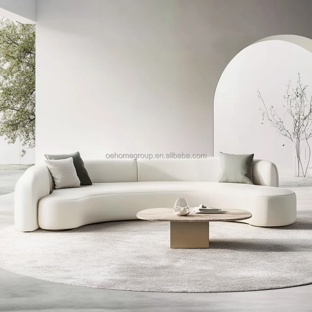 Tufted Back Style Double Seat Furniture White Love Seat Sofa With Wooden Moon Circle Fabric Cushion Hotel Must-Have