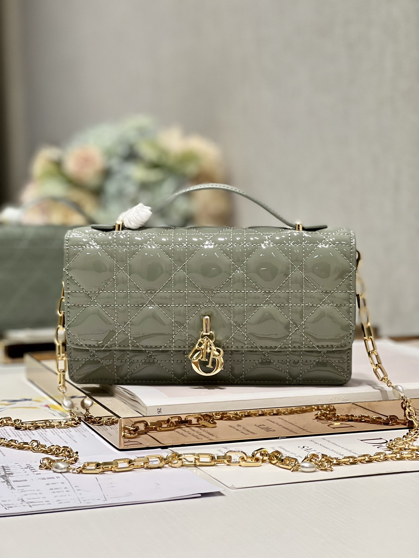 Branded Lady Dior Patent Clutch Small Pearl Black Flip Closure