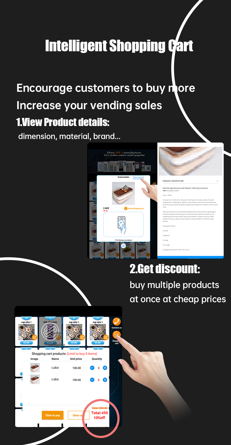 Our vending machine has intelligent shopping cart, it offer better shopping experience for cusotmer, with its discount system, it can help you sell more. micron large touch vending machine for snack drink