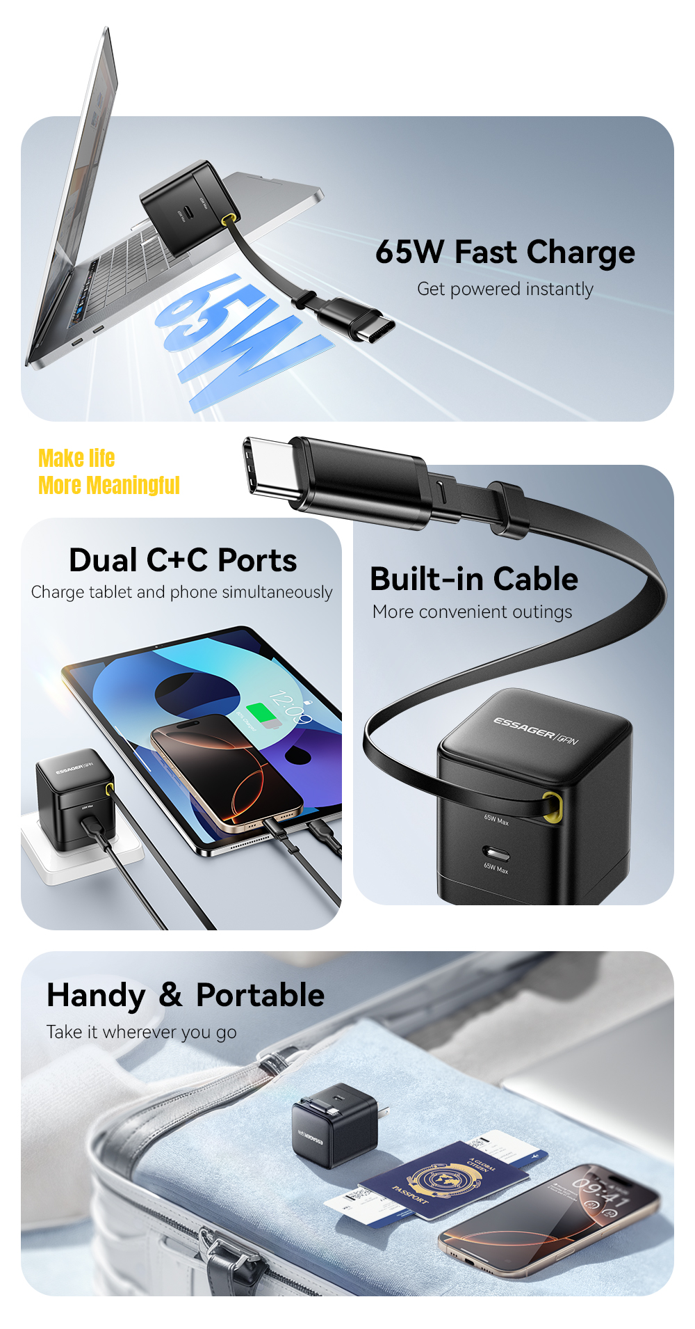 ESSAGER G652CU Series 65W Built-In USB-C Cable GaN USB-C Charger