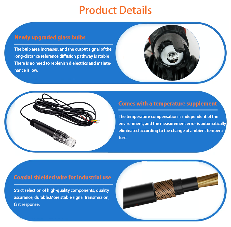 5m Standard Cable Water Sensor Probe IP68 Protection pH and Temperature Compensation
