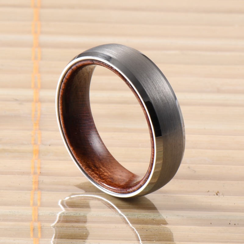 Geometric Pattern Tungsten Wedding Band for Men and Women 6mm Rose Wood Inner Ring in Beveled or Offest Grooved Styles