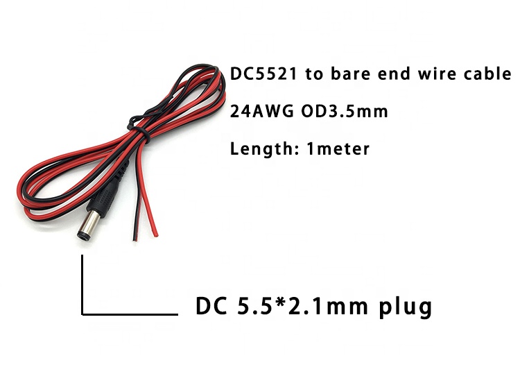 Red Black DC Male 5.5x2.1mm Barrel Jack to Stripped Open Bare End Tinned Wire Cable