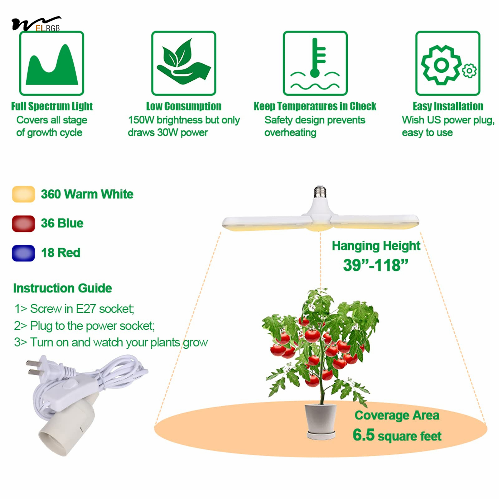 Indoor Plants 150W Sunlike Full Spectrum LED Grow Light Bulb Foldable Plant Growth Lamp