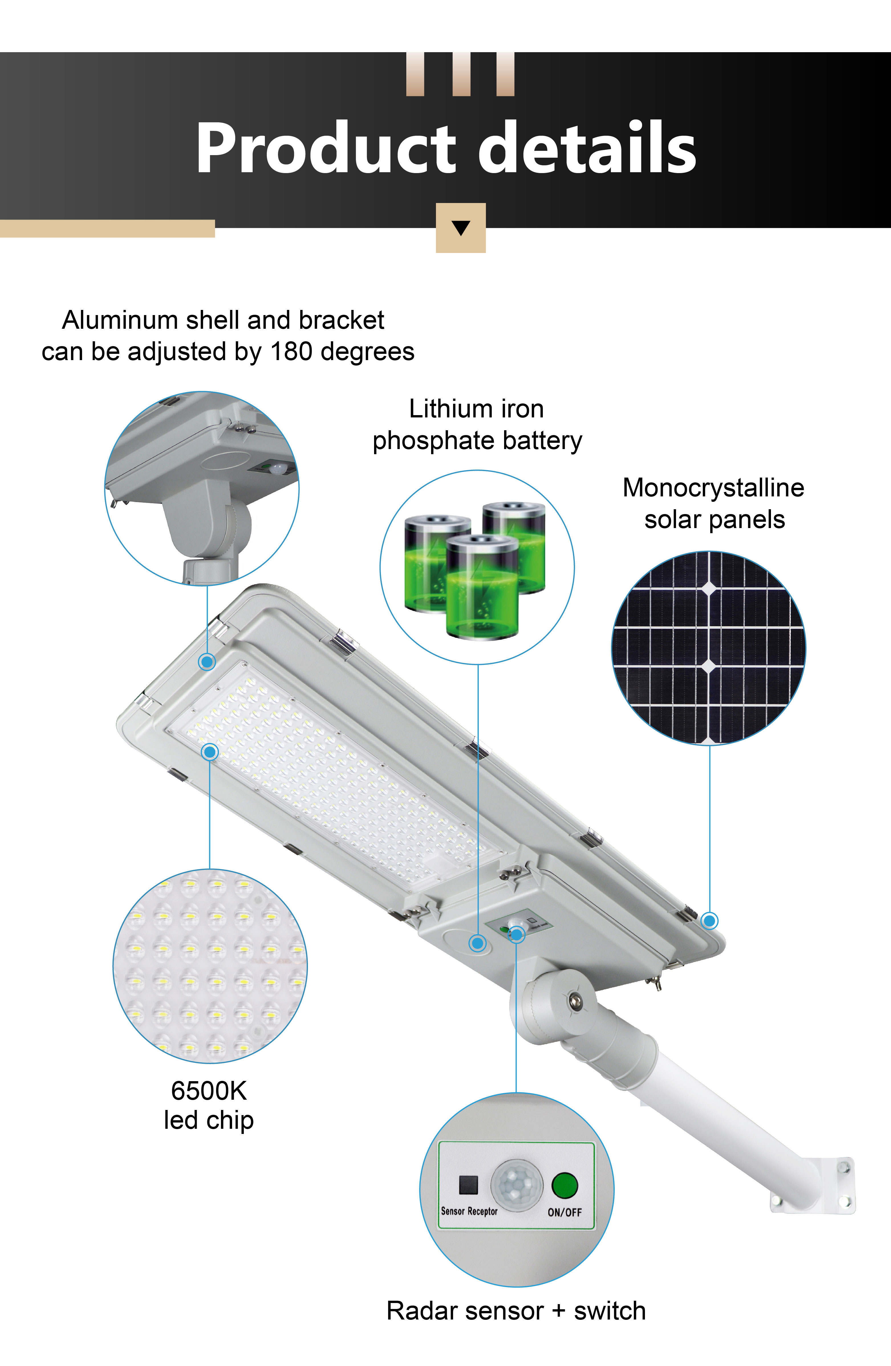 Aluminum 400 Watt Solar Street Light 6500K 400W Motion Sensor Street Lights