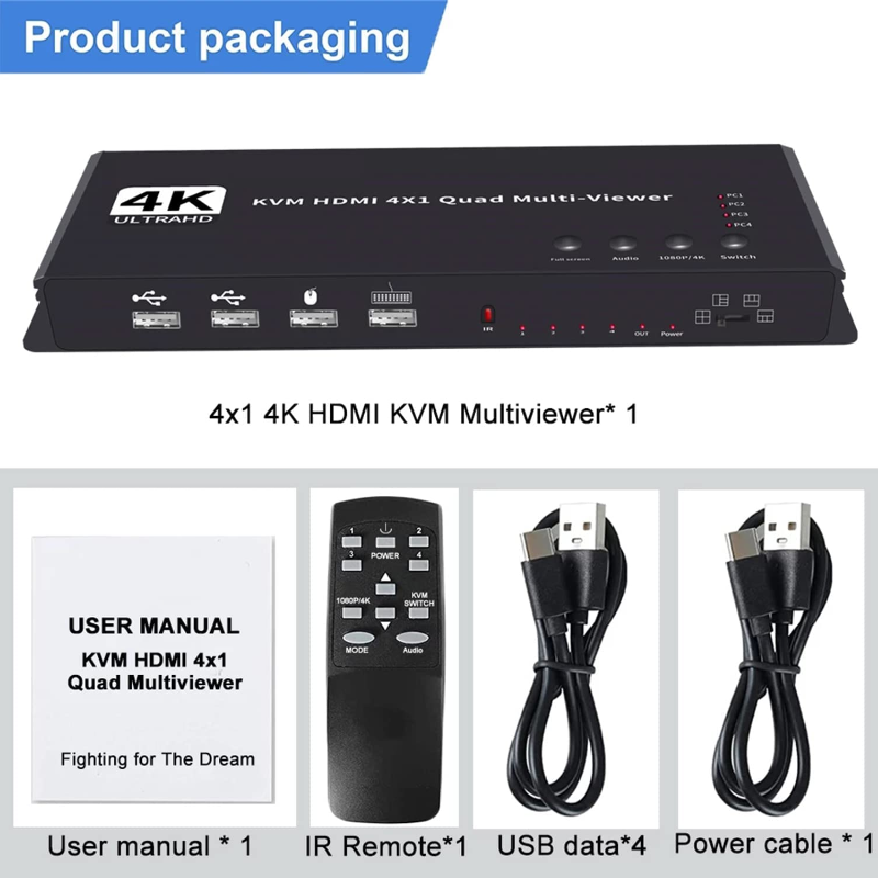 Seamless 4K HD HDMI KVM Switch with Black Output and Quad Multiviewer Display