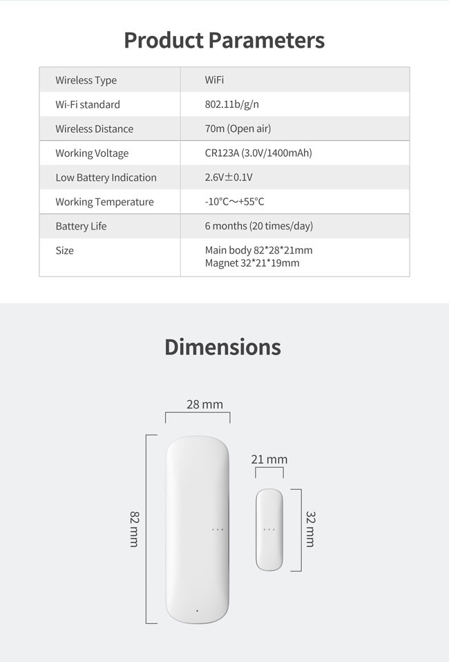 CR123A Battery WiFi Door Sensor Tuya Smart Life Door Sensor 6 Months Battery Life