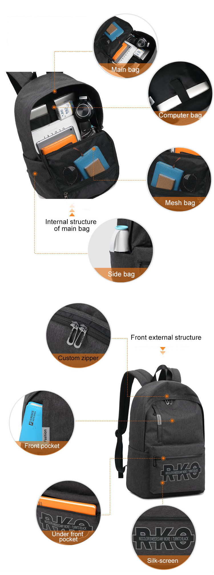 Zipper Closure Student School Backpack 24L Waterproof Laptop Rucksack