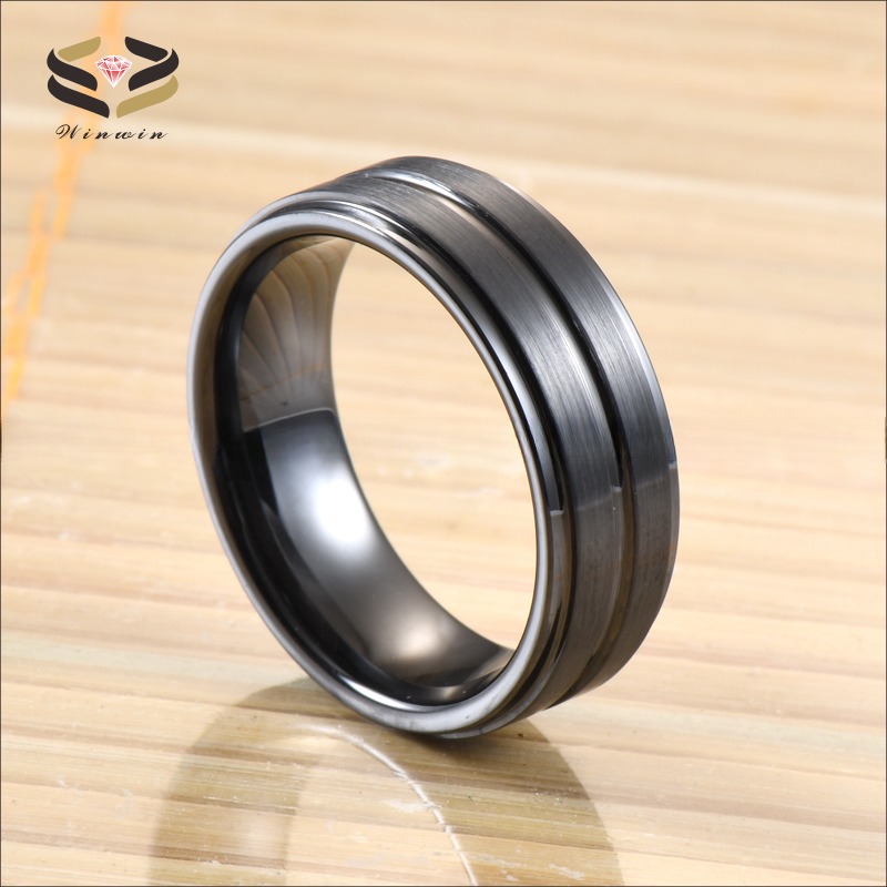 Step Edge Black Ceramic Wedding Band 8mm Brushed Center Grooved For Men Anniversary Gift