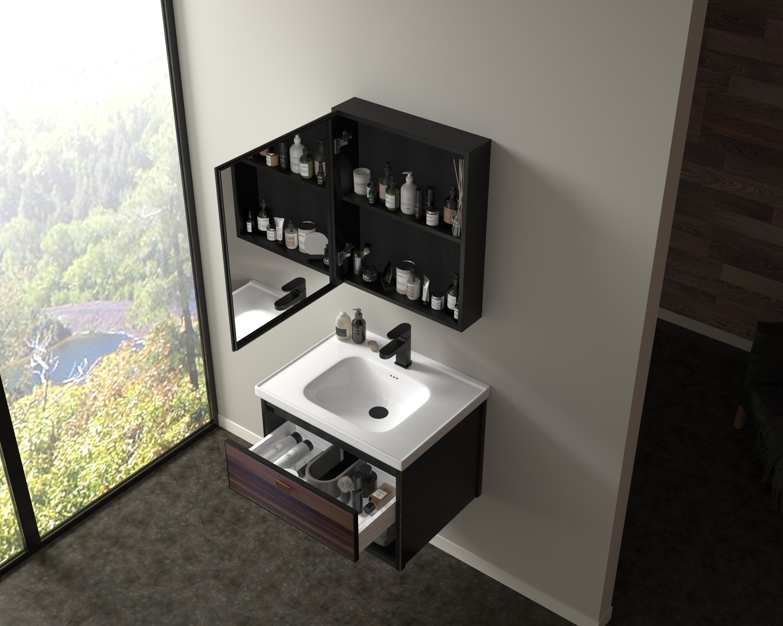 800mm Bathroom Mirror Cabinet Wall Mounted Artificial Marble Countertop