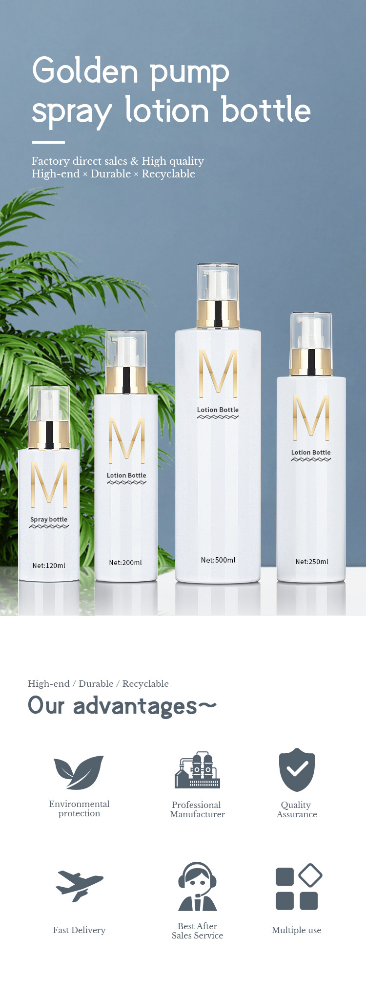 White plastic cosmetic hair mist alchohol packaging container continuous room hotel 500ml gold top 250ml spray bottle