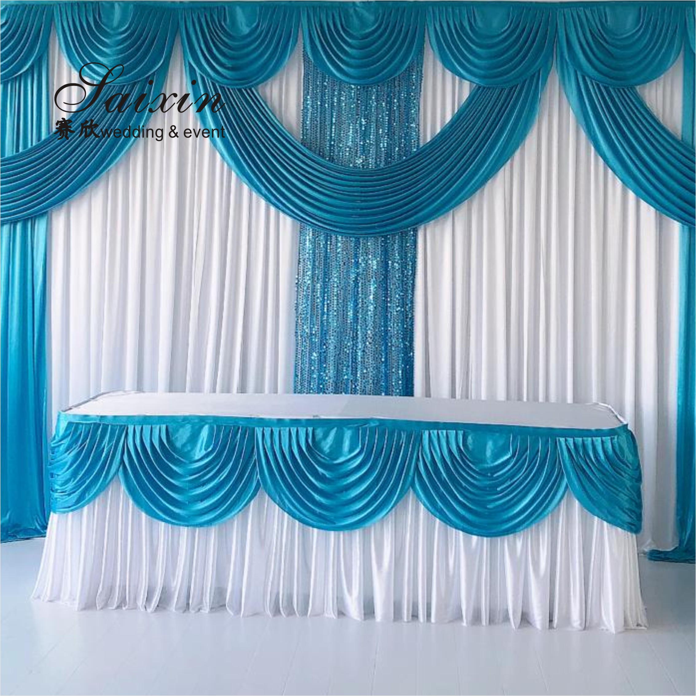 Hot Sale Gorgeous blue silk cloth drape valance curtains with ivory tassel