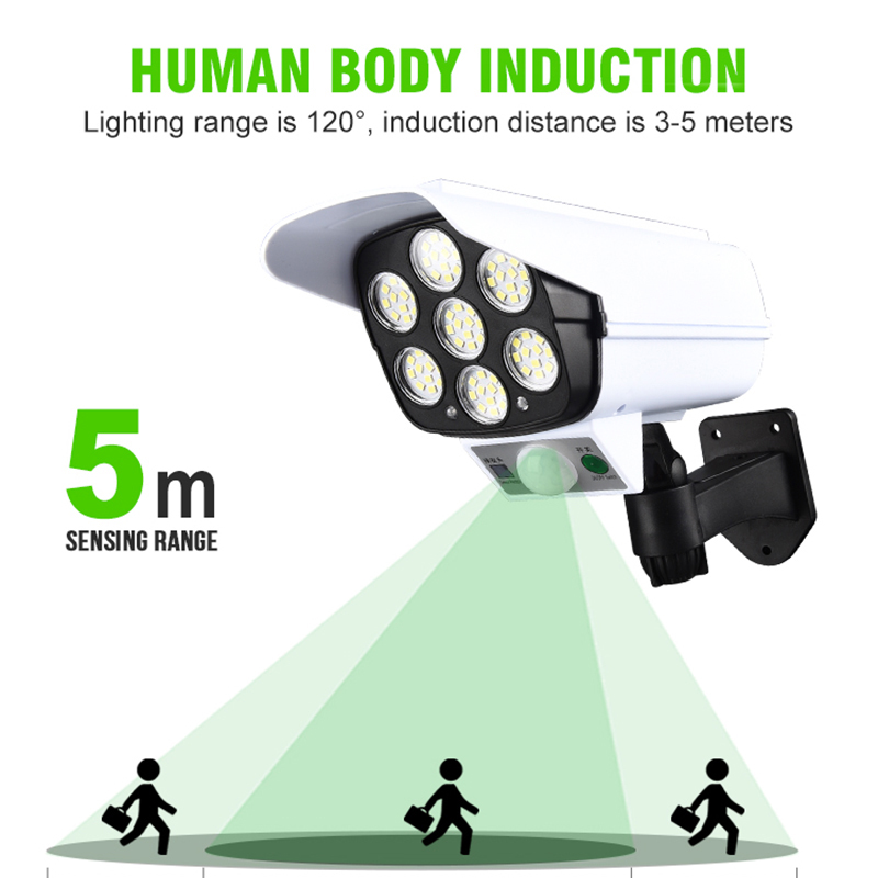 Outdoor Solar Light Motion Sensor Security Dummy Camera Wireless Flood Light IP65 Waterproof 77 LED Lamp 3 Mode For Home Garden