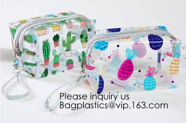 Clear Zipper Pouch with Strap Makeup Bag PVC Cosmetic Pouch,Printing Clear Zip lockk Cosmetic PVC Pouch, bagease, bagplast