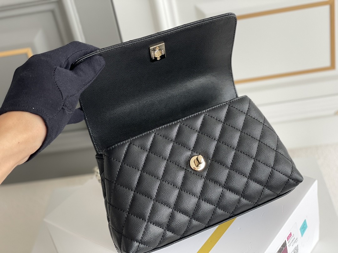 Grained Calfskin Leather Small Coco Handle 22A Black Chain With Flap