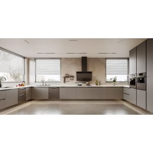 Titanium Grey Color Luxe U-Shaped Kitchen With No Wall Cabinet Design