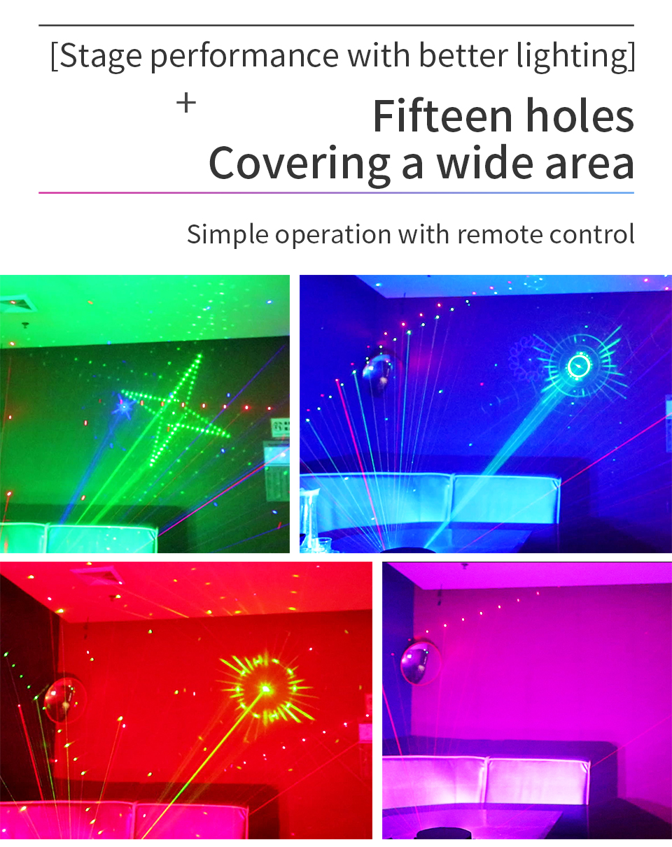 15 Eyes RGB Party Lights Stage Light by DMX512 Control Sound Activated LED Pattern Strobe Lights for Parties Club Bar Di