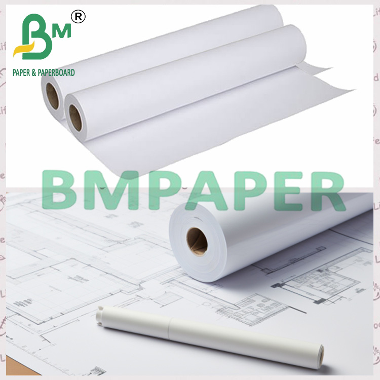 Bright White Plotter Bond Paper For CAD Printing 36" x 150ft 20LB On 2" Core
