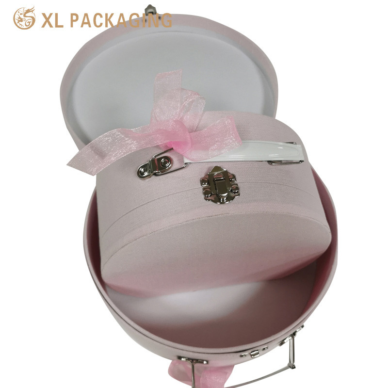 Customized Recyclable Paper Perfume Biscuit Packaging Round Paper Suitcase Box Case With Metal Handle