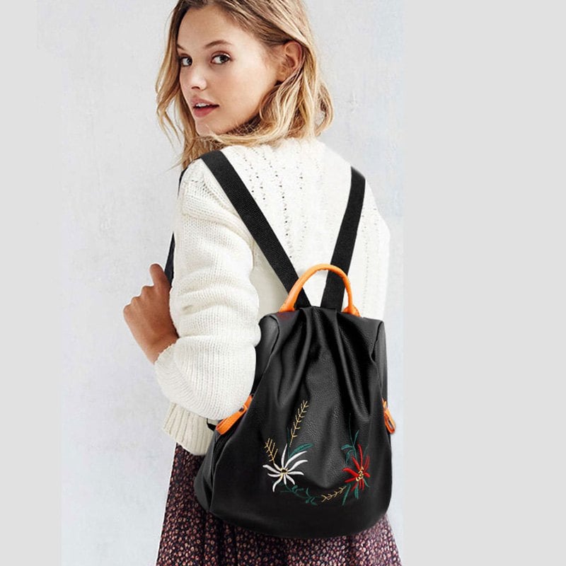 Wild Embroidery College Wind Bag Small Fresh Backpack - BLACK 