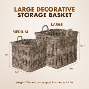  Large Square Rattan Basket, Handmade, Living Room, Blankets, Toy Bin, Extra Storage, Decorative Storage, Laundry Basket, Linens, Gray &amp; Brown, Large Manufactures