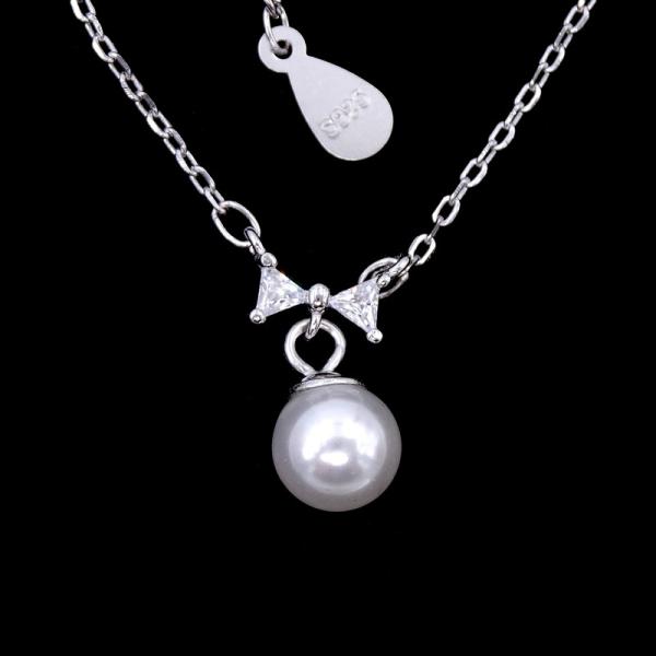 Bow Knot Shape Silver Pearl Necklace/ Real 925 Silver Pearl Drop Pendant