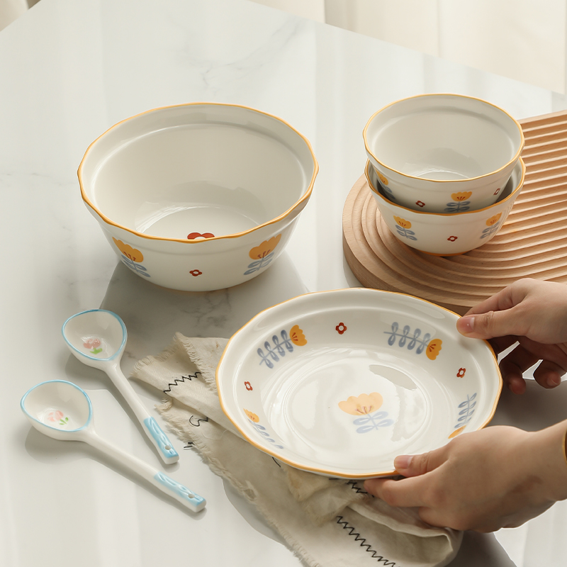 Huang Fengling Flower Dinnerware Set 6pcs For Household Or Children 10 Inch Ceramic Bowl