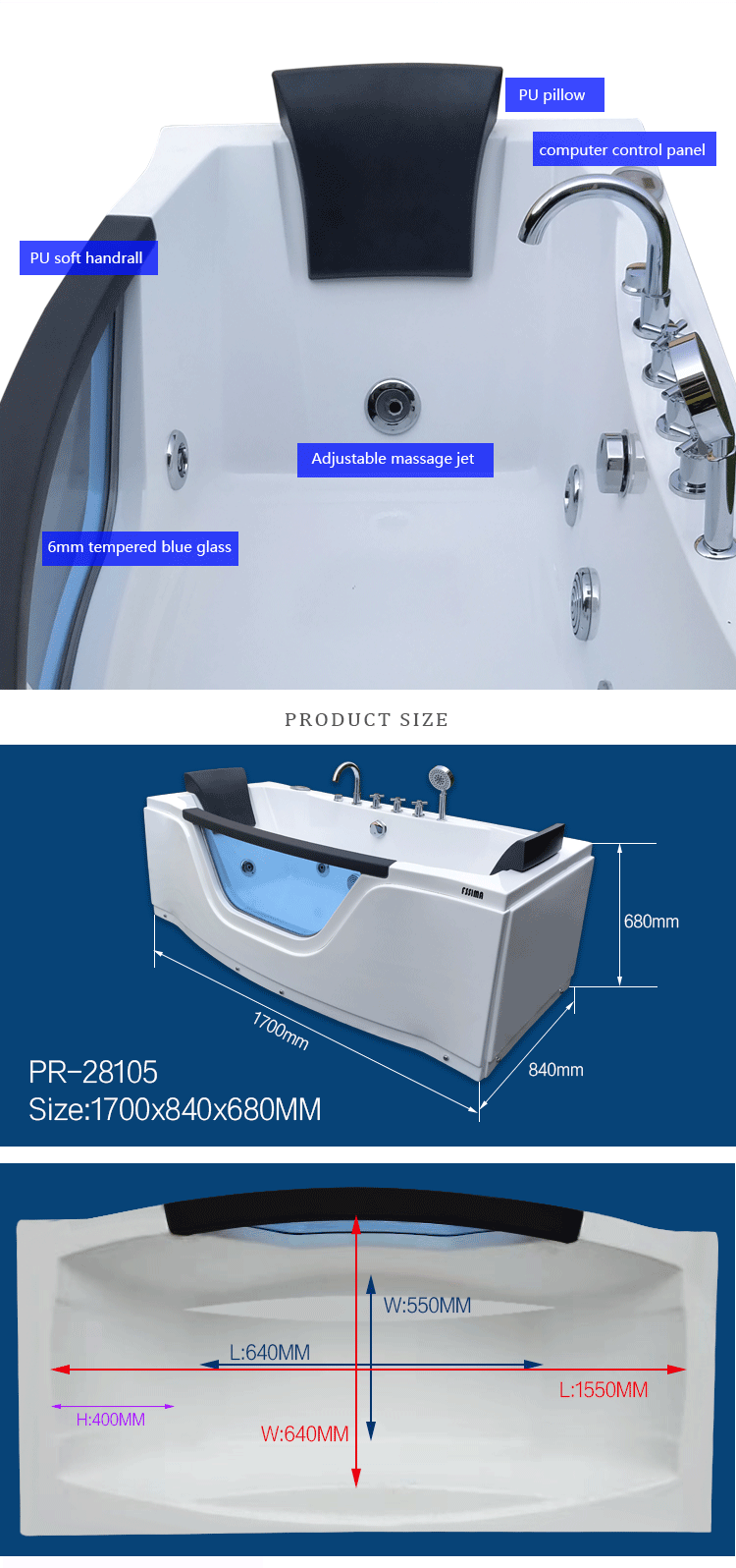 1.7m Acrylic Waterfall Whirlpool Bathtub Freestanding Two Person Equipment