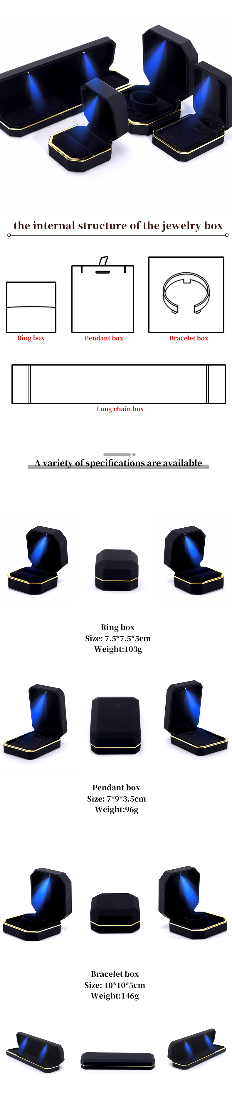 Handmade Plastic Velvet Jewelry Packaging Box for Bracelet Earrings Pendant Necklace Ring