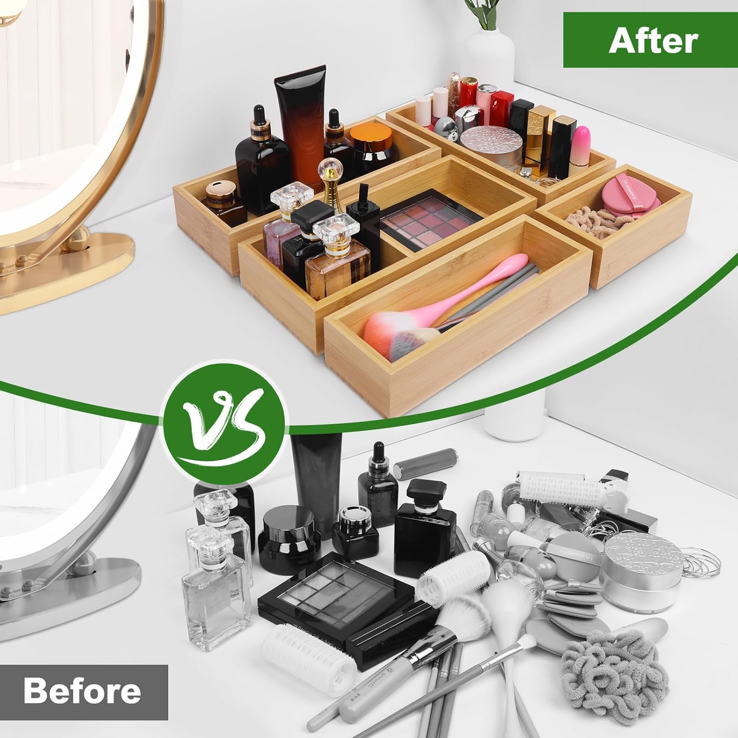 Luxury Bamboo Drawer Organizer - Multifunctional Drawer Organizer for Kitchen, Bathroom, Office Desk, Cosmetics, Jewelry