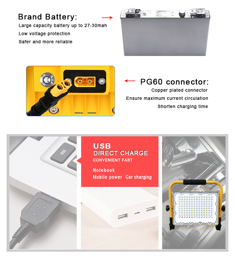 Yellow Rechargeable Portable LED Work Light Foldable 2000 Lumen 48w 85w 90w 7 Inch