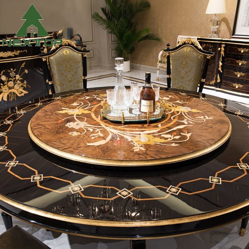 Deluxe Dining Room Set Classical Antique Wooden Round Dining Table With Turntable
