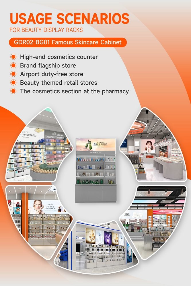 GDR02-BG01 Skincare Display Cabinet with LED Strip Lights and White Glass for Department Stores