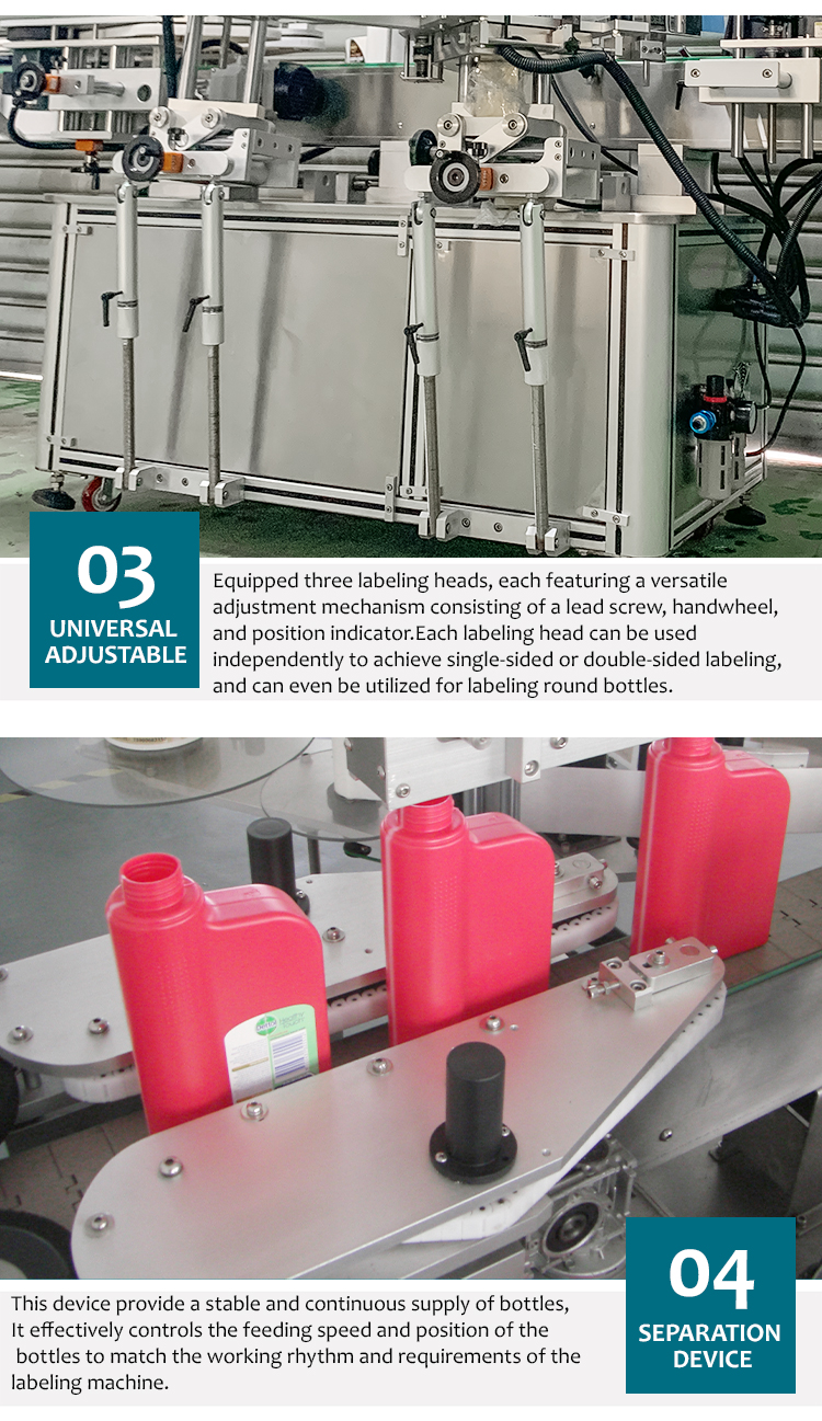 YM630 3 heads Fully Automatic Roll to Roll three sides Flat Square Bottle Labeler