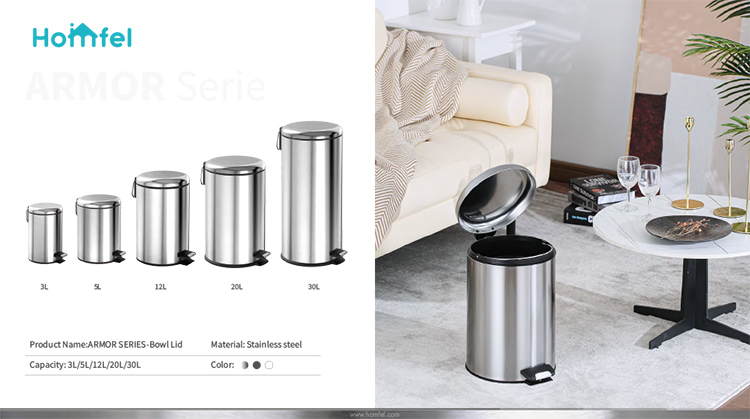 Kitchen Household Bowl lid Trash Can Capacity 3L/5L/12L/20L/30L Standing Stainless Steel Dustbin with Soft Close