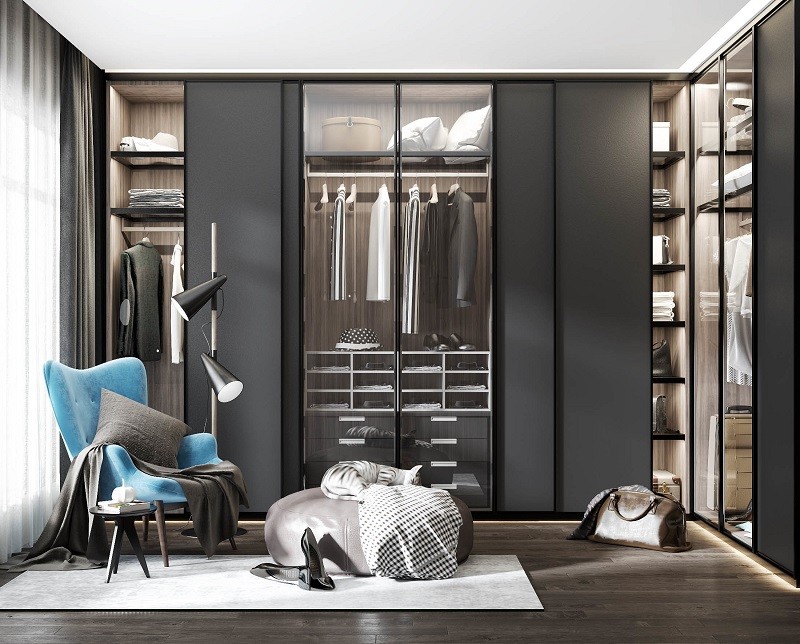 DTC Aluminium Glass Sliding Glass Door Wardrobe With Wood Drawers And Hanger