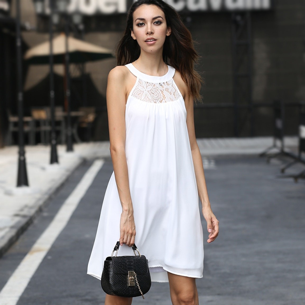 Newest Design Women Sleeveless Dress with Lace Panels