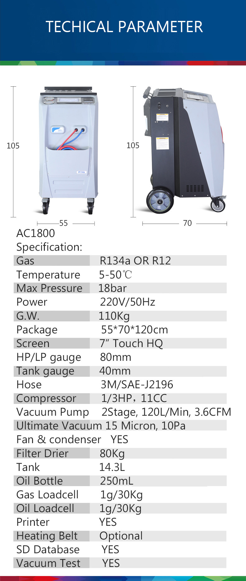 OEM Auto R134a AC Recharge Machine For Oils AC1800