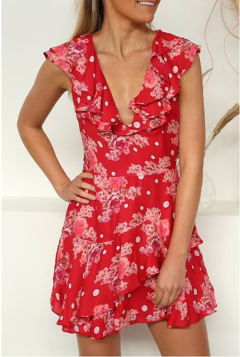 V neck new design dress women flower print summer mini dress