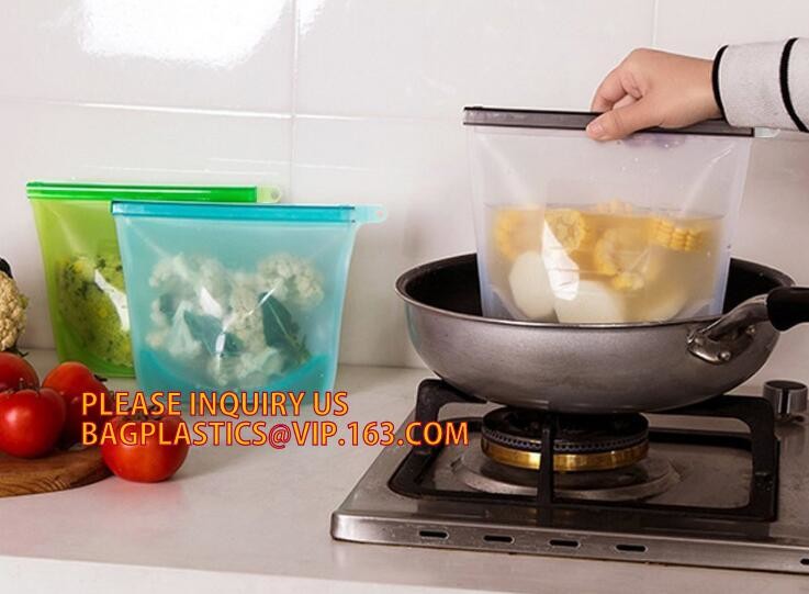 Storage preservation reusable silicone food bag,FDA reusable silicone storage food bag with Zip lockk in microwave bagease