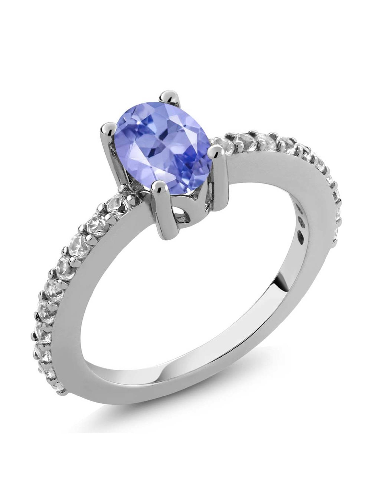 Gem Stone King 925 Sterling Silver Blue Tanzanite and White Topaz Women's 3-Stone Ring