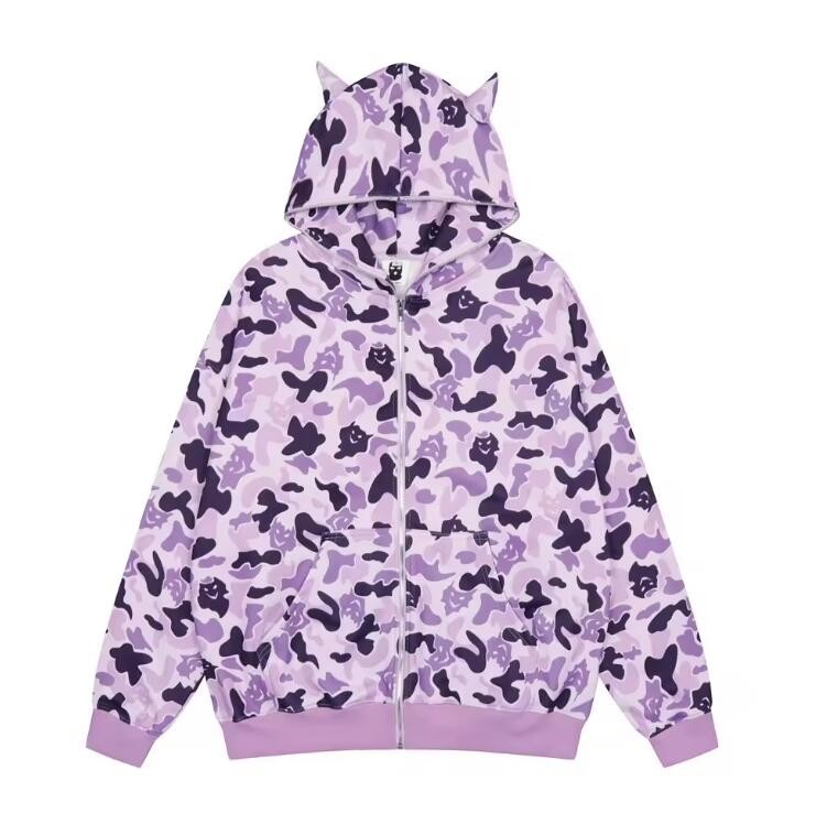 All Over Printed Oversize Hoodie Cotton Zip Up Sweatshirt Anti Wrinkle